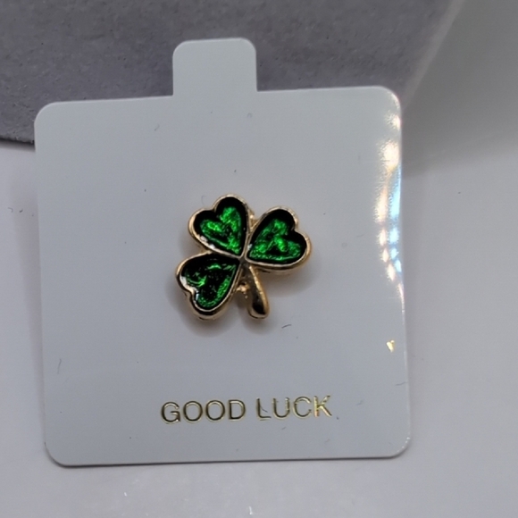 Good Luck Four Leaf Clover Pin Enamel Green Gold Tone St. Patrick's Day Charm - Picture 5 of 6